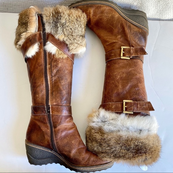 HVOFFERS🔜 8 Leather Rabbit Fur Wedge Heel Boots - Picture 4 of 8